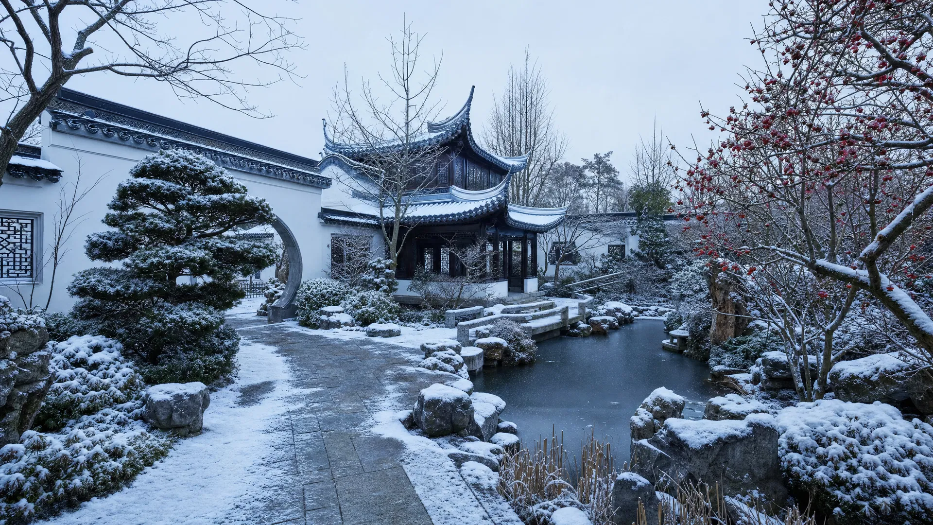 庭院景观冬景：薄雪覆枝、清寂宁静的中式庭院